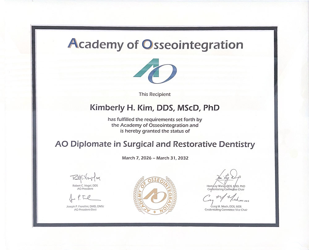 Dr. Kim AO Diplomate Certificate